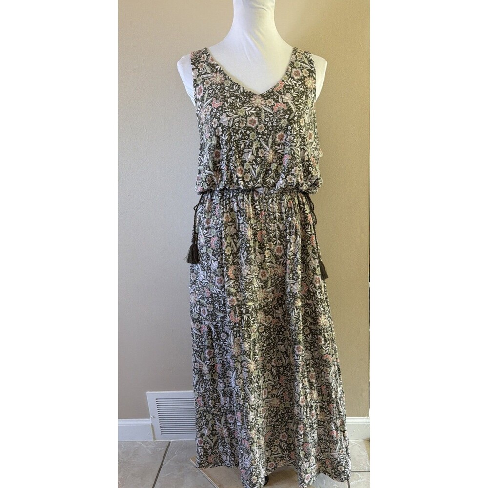 J. Jill Petite Large Floral Print Sleeveless Cinch Tie Waist Stretch Maxi Dress